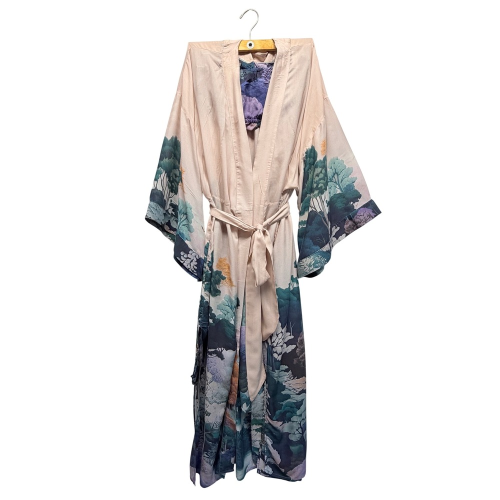 Anthropologie 3 Piece Landscape Print Kimono Smocked Bandeau Wide Leg PJ Set